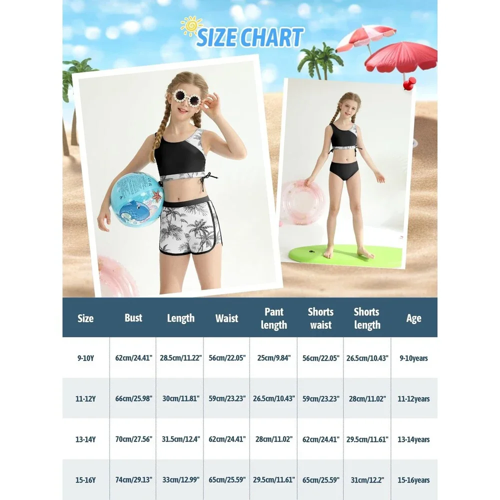 Girls' 3 Piece Bikini Bathing Suit Printed Sport Swimsuits Shorts Cove 11-12Y